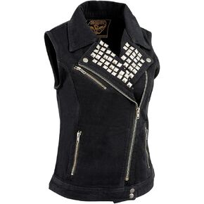 Milwaukee Leather MDL4030 Women's Black Denim Zipper Front Motorcycle Vest with Studded Spikes