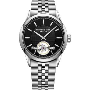 RAYMOND WEIL Freelancer Men's Automatic Watch, Calibre RW1212, Black Dial with Silver Indexes, Visible Balance Wheel, Stainless Steel Bracelet, 42.5 mm (Model: 2780-ST-20001)