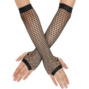 Lusofie Fishnet Gloves Women Black Girls Net Mesh Gloves Long Fingerless 80s Fishnet Sleeves Costume Theme Party 1920s Nylon Gloves For Halloween Cosplay Accessories Supplie(Black)