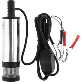 Submersible Electric Diesel Pump, 12V 3.8cm Silver Portable Aluminum Alloy Car Electric Submersible Pump Fuel Water Oil Barrel Pump with 2 Alligator Clips