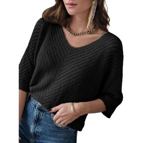 Dokotoo Women's 2024 Summer Spring Casual 3/4 Sleeve Solid Color V Neck Loose Pullover Knit Fall Sweaters Tops