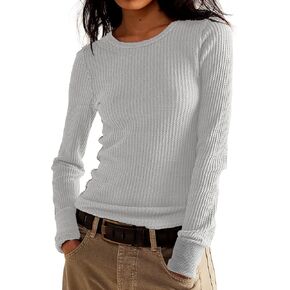 Women's Waffle Knit Tops Long Sleeve Shirts Slim Fitted Pullover Crewneck Shirt Fall Winter Tops 2024