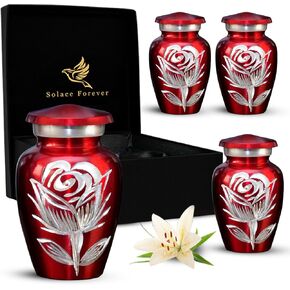 Rose Urns for Human Ashes - Small Urns for Ashes for Women & Men - Rose Cremation Urns - Handcrafted Mini Urns for Female - Flower Urns to Honor Your Loved One Forever (Red, Set of 4)