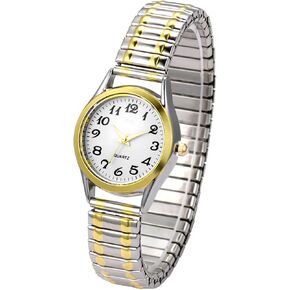 JewelryWe Women's Ultra Thin Easy Reader Watch with Elastic Strap Golden/Silver Tone Stretch Band Watches for Christmas Xmas