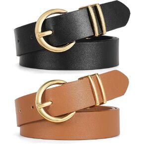 XZQTIVE 2 Pack Womens Leather Belts for Jeans Dress Pants Fashion Plus Size Ladies Black Waist Belt with Gold Buckle