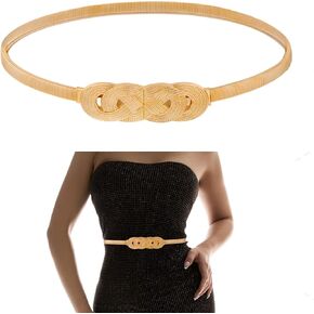 Gold Waist Chain Belt Gold Belts For Women Dresses Fancy Skinny Metal Cinch Belt Elastic Pendant Chain Belt Gold Elastic Thin Waist Belt Gold Dress Belt (Gold)
