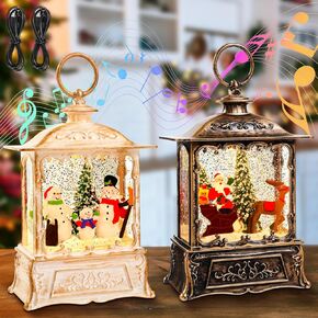 Retisee 2pcs Christmas Musical Snow Globe Lantern Lighted Snow Globe with Swirling Glitter Singing Snow Globe Lantern USB or Battery Powered 8.66inch for Christmas Halloween Party Gifts Decorations