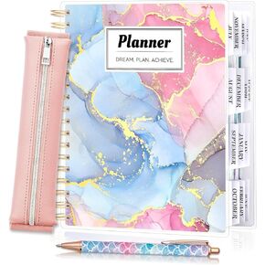 Undated Planner 7.9" x 9.8", Large 18 Months Academic Planner 2024-2025 Daily Weekly and Monthly Yearly Agenda, Page Tabs, Separator Page, Pocket Folder, Ballpoint Pen, Pencil Pouch