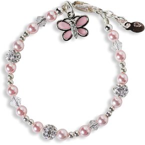 Cherished Moments Sterling Silver Pink Butterfly Charm Bracelet for Babies, Toddlers or Little Girls. High-End Simulated Pink Pearls, Crystals and Stardust Beads, Gift for Birthday or Granddaughter