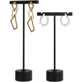 GemeShou 2pcs Black Earring T bar display stand, Metal Earring Display Holder for retail selling, small Jewelry photography props for Show【Black-Round Base 2pcs Height 4.5" and 5.3"】