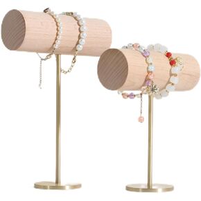 GemeShou 2pcs set bracelet storage organizer, wooden bracelet holder, watch stand display jewelry T bar shelf for Tabletop Home Decor【Bracelet Holder 2pcs-Beech】