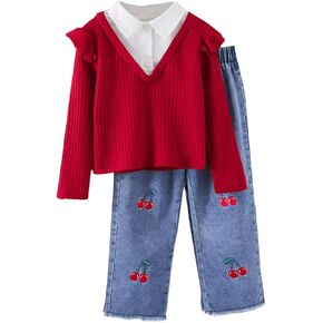 GORGLITTER Girl's 2 Piece Outfits Ruffle Trim Long Sleeve Sweater Cherry Embroidered Jeans