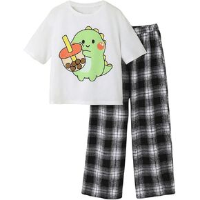SweatyRocks Girl's 2 Piece Outfits Cute Cartoon Graphic Short Sleeve T Shirt and Plaid Pants Set