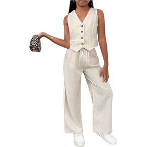 Floerns Girl's 2 Piece Outfit Sleeveless V Neck Blazer Vest and Wide Leg Pants Set