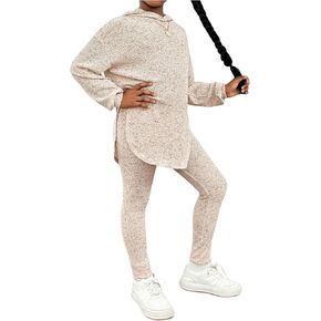 Floerns Girl's 2 Piece Outfit Long Sleeve Knitted Hooded Sweatshirt and Sweatpants Set