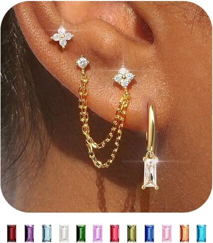 Gold Chain Stud Earrings for Women Trendy Minimalist 14K Gold Small Huggie Hoop Birthstone Earring Sets for Multiple Piercing Hypoallergenic Earring Stacks in Kuwait