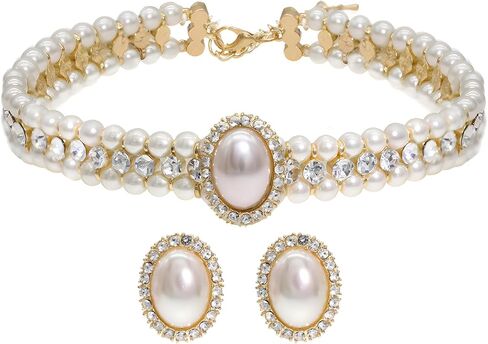 JNF Gold Pearl Choker Collar Necklace for Women Crystal Rhinestone Pearl Statement Necklace and Earrings Bridal Pearls Diamond jewelry Set for Wedding in Kuwait