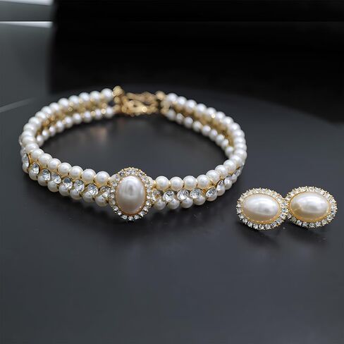 JNF Gold Pearl Choker Collar Necklace for Women Crystal Rhinestone Pearl Statement Necklace and Earrings Bridal Pearls Diamond jewelry Set for Wedding in Kuwait