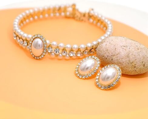 JNF Gold Pearl Choker Collar Necklace for Women Crystal Rhinestone Pearl Statement Necklace and Earrings Bridal Pearls Diamond jewelry Set for Wedding in Kuwait