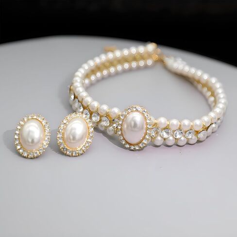 JNF Gold Pearl Choker Collar Necklace for Women Crystal Rhinestone Pearl Statement Necklace and Earrings Bridal Pearls Diamond jewelry Set for Wedding in Kuwait