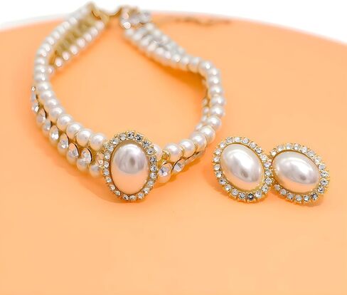 JNF Gold Pearl Choker Collar Necklace for Women Crystal Rhinestone Pearl Statement Necklace and Earrings Bridal Pearls Diamond jewelry Set for Wedding in Kuwait