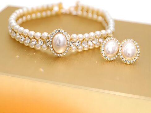 JNF Gold Pearl Choker Collar Necklace for Women Crystal Rhinestone Pearl Statement Necklace and Earrings Bridal Pearls Diamond jewelry Set for Wedding in Kuwait