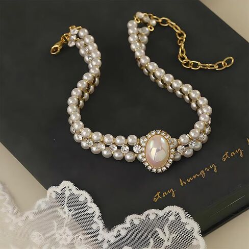 JNF Gold Pearl Choker Collar Necklace for Women Crystal Rhinestone Pearl Statement Necklace and Earrings Bridal Pearls Diamond jewelry Set for Wedding in Kuwait