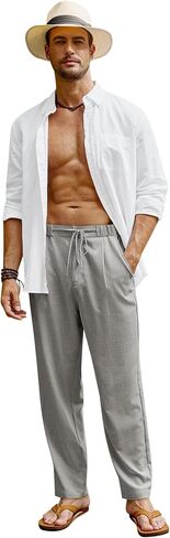 Beotyshow Men's Linen Pants Casual Elastic Waist Drawstring Yoga Beach Pant Lightweight Loose Fit Trousers Pants in Saudi Arabia