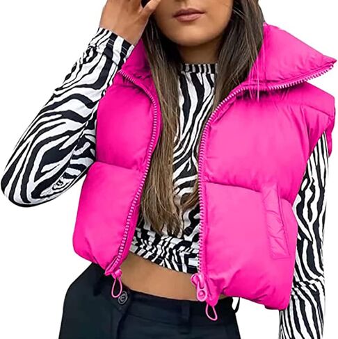 Karwuiio Women Cropped Puffer Vest Zip Up Stand Collar Sleeveless Padded Winter Puffy Vests Quilted Outerwear in Kuwait