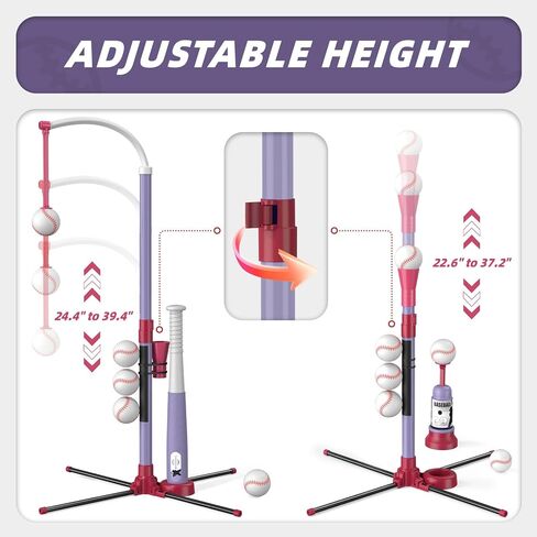 مجموعة كرات 2 في 1 من وي ووندرز - ارتفاع قابل للتعديل، مجموعة كرة تي مع آلة رمي أوتوماتيكية/6 كرات/مضرب بيسبول، لعبة بيسبول للأطفال الصغار للعب في الهواء الطلق، هدايا ألعاب رياضية للأطفال من سن 3 إلى 8 سنوات in Kuwait