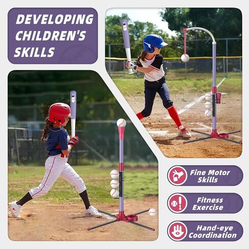 مجموعة كرات 2 في 1 من وي ووندرز - ارتفاع قابل للتعديل، مجموعة كرة تي مع آلة رمي أوتوماتيكية/6 كرات/مضرب بيسبول، لعبة بيسبول للأطفال الصغار للعب في الهواء الطلق، هدايا ألعاب رياضية للأطفال من سن 3 إلى 8 سنوات in Kuwait