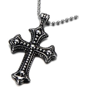 COOLSTEELANDBEYOND Gothic Vintage Cross Pendant Necklace Stainless Steel Unisex Silver Black Two-tone 23.6 in Ball Chain