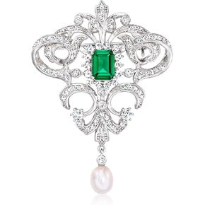Ross-Simons 6-6.5mm Cultured Pearl and 1.70 Carat Simulated Emerald Vintage-Style Pin With 1.50 ct. t.w. Czs in Sterling Silver