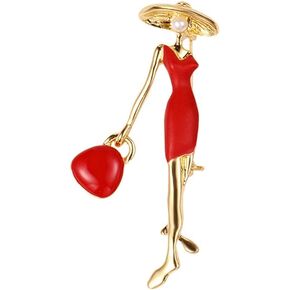 Fashion Lady in Red Brooch Pin for Women Girls Cute Enamel Brooches Lapel Pins Hat Bag Dress Accessories Holiday Party Jewelry Gift