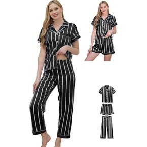 Womens Pajama Sets 3Pcs Silk Satin Pajamas Set XS-2XL Sleepwear Silky Pj Sets Nightwear Pjs Loungewear in Kuwait
