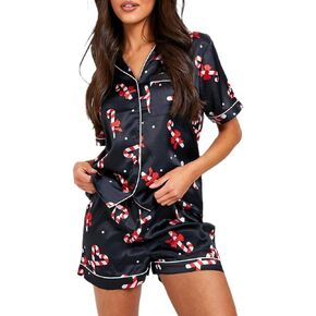 Luckinbaby Women Christmas Satin Pajamas Shorts Set Xmas Print 2 Piece Outfits Set Short Sleeve Button Shirts Pj Shorts Set