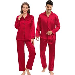 DIKFA Silk Satin Pajamas Set for Couple Matching PJS Women Men 2 Piece Button Down Loungewear Sleepwear Long Sleeve Pjs Set