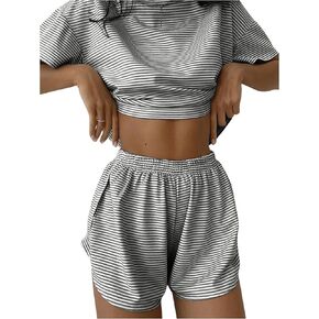 Women's 2 Piece Pajama Set Stripe Short Sleeve Crewneck Crop Lounge Shorts Set Soft Sleepwear