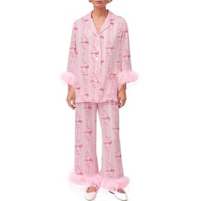 Women Feather Trim Holiday Pajamas Cute Bow Heart Satin Pjs Silk Long Sleeve Button Pajama Shirt Lounge Pants Sets in Kuwait