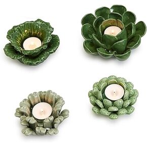 Two's Company Succulents Tealight Candleholder, Medium, 5.5-inches Diameter, Ceramic, Set of 4, Home Décor