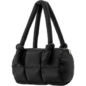 Herald Puffer Quilted Shoulder Bag for Women, Small Cute Nylon Puffy Boston Barrel Bag Top-Handle Handbag Satchel Purse