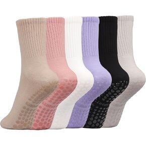 Pilates Socks with Grips for Women,6 Pairs Cotton Non Slip Yoga Crew Socks for Barre, Ballet, Dance, Workouts Size 5-9