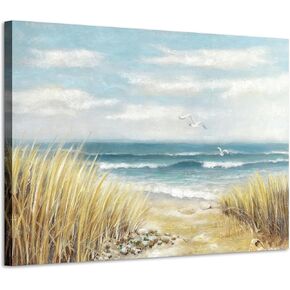 ARTISTIC PATH Abstract Beach Painting Wall Art: Seashore Artwork Hand Painted Coastal Picture on Canvas for Office (45" W x 30" H, Multi-Sized)