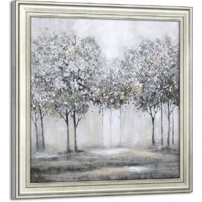 Abstract Gray Tree Painting Framed: Forest Wall Art Silver White Modern Contemporary Landscape Picture Minimalist Scenery Prints Gold Foil Textured Nature Gallery Artwork for Bedroom Living Room