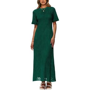 PRETTYGARDEN Women's Hollow Out Beach Sundress 2025 Summer Maxi Dresses Short Sleeve Eyelet Cover Up Dress Vacation Outfits