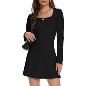 Womens Long Sleeve Square Neck Mini Dress Basic Bodycon Athletic Casual Going Out Club Party Dress with Shorts
