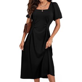 Happy Sailed Women's Summer Short Sleeve Square Neck Ruched Waist Flowy A Line Midi Cocktail Party Dress