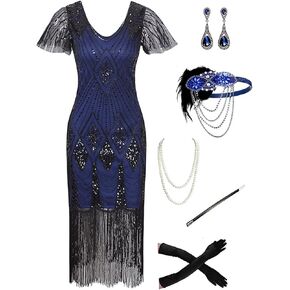 869A - Plus Size 1920s Vintage Fringed Gatsby Sequin Dimand Tassels Flapper Party Cocktail Dress with Accessories