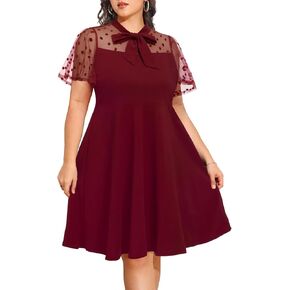 Pinup Fashion Women's Plus Size Contrast Mesh Short Sleeve Bow Tie Neck Cocktail Party Elegant A-Line Dress