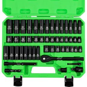SWANLAKE 3/8" Drive Impact Socket Set, 50-Piece Standard SAE (5/16 to 3/4 inch) and Metric (8-22mm) Size, 6 Point, Cr-V, 3/8-Inch Ratchet Handle, Extension Bar, Universal Joint